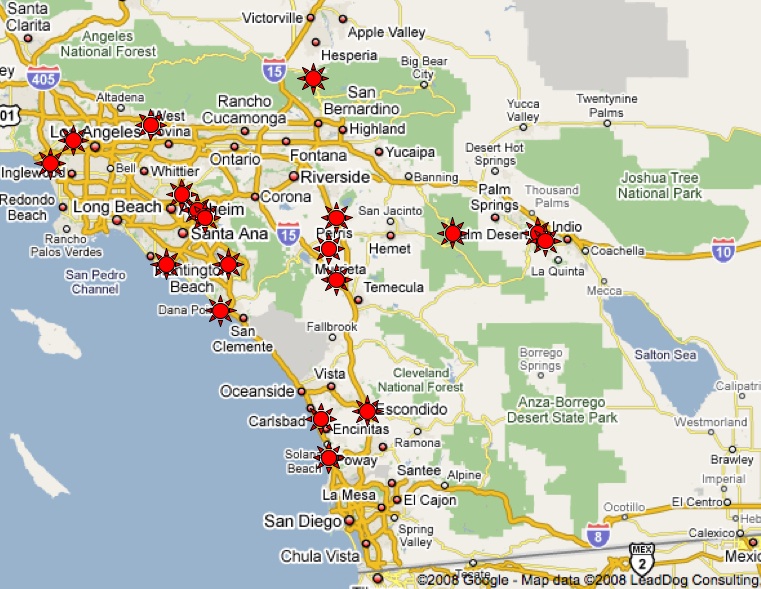 Map of southern California with Sept 19 fireball sightings denoted by red stars. Updated on 9/26.