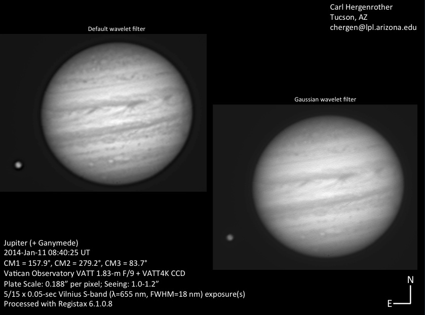 Jupiter from the VATT 1.8-m on January 13, 2014 UT. Note, the 'Great Red Spot' is visible. Credit: Carl Hergenrother, Vatican Observatory, University of Arizona.